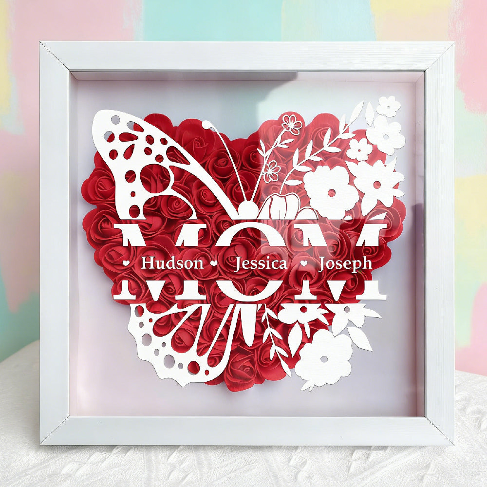 Custom Butterfly Mom Flower Shadow Box with Children Names - Personalized Mother's Day Gift