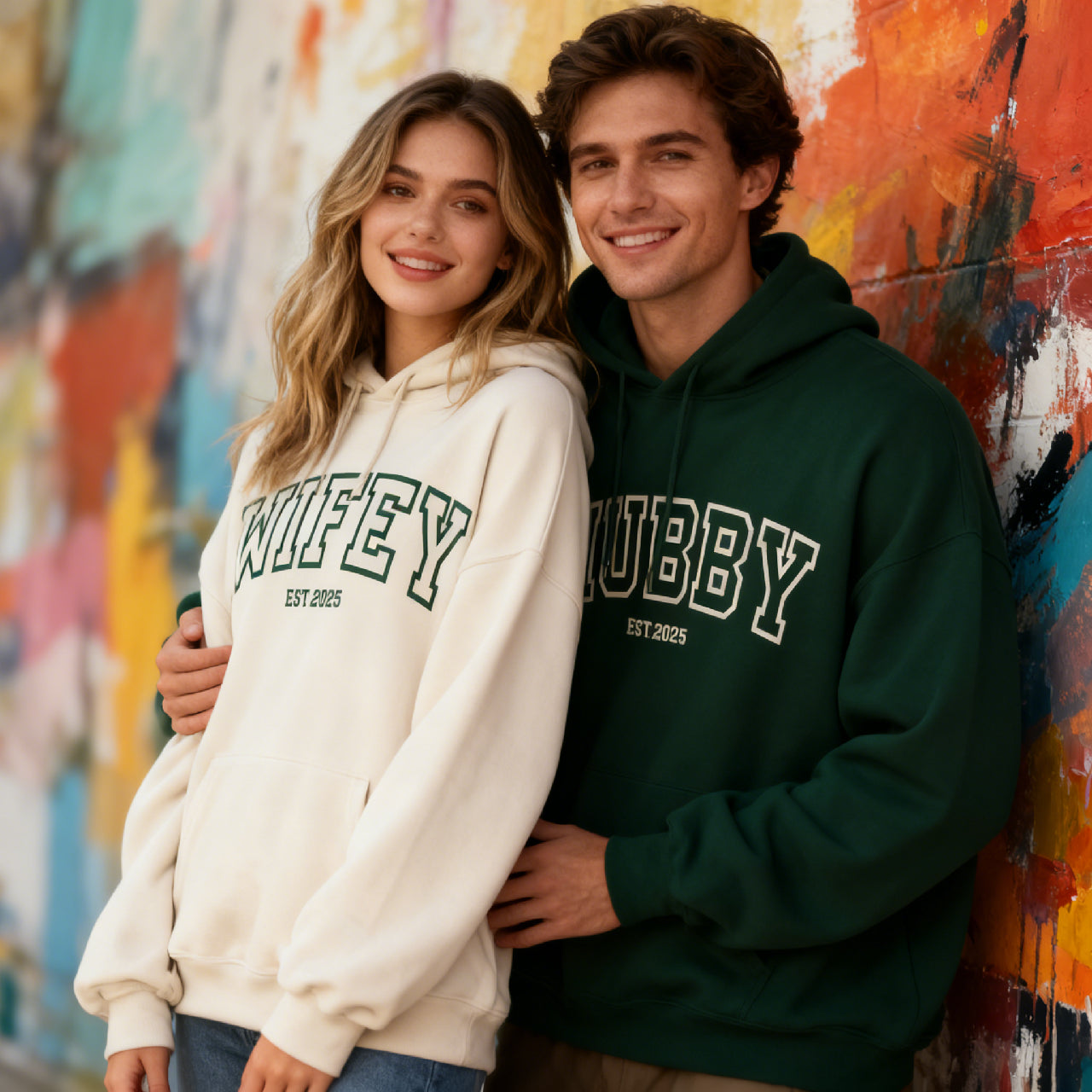 Personalized Hubby & Wifey Varsity Sweatshirt - Custom EST Year Matching Couple Outfit, Wedding Gift