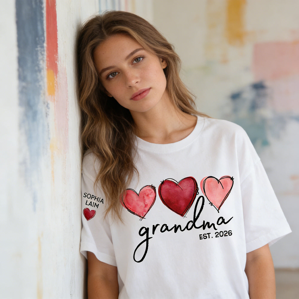Custom Watercolor Hearts Design Grandma T-Shirt - Personalized with Grandkids Names on Sleeve