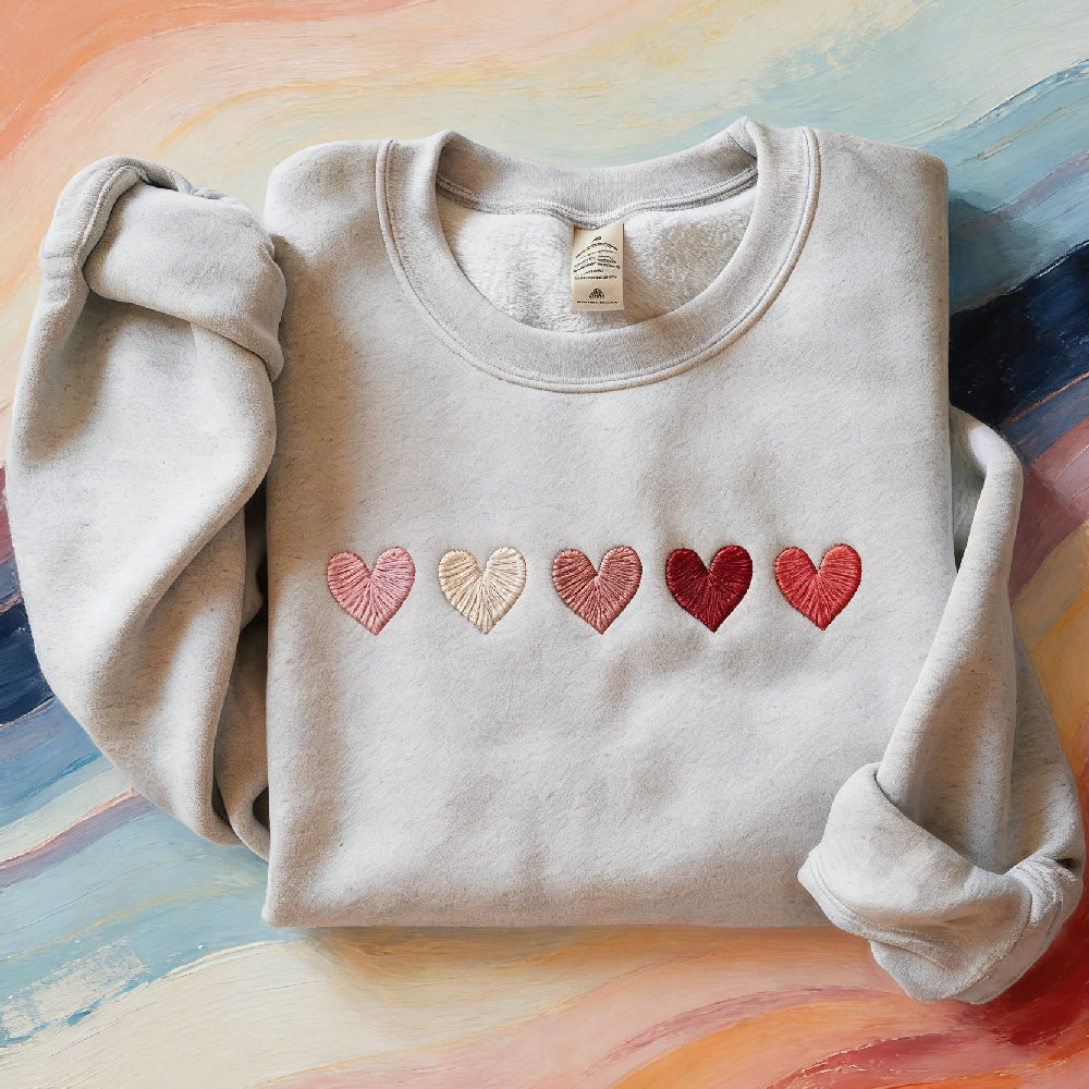 Embroidered Gradient Hearts Crewneck Sweatshirt - Cozy Valentine's Day Pullover, Gift for Her