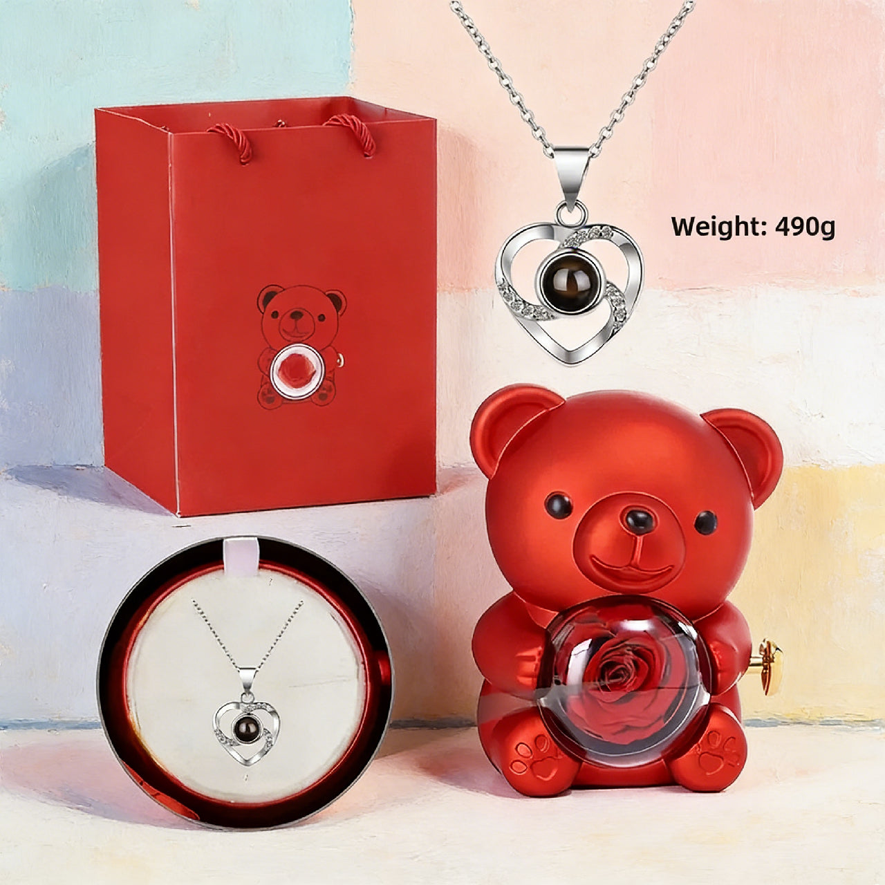 Custom Teddy Bear Rose Gift with Heart Necklace - Romantic Gift Box for Girlfriend/Wife
