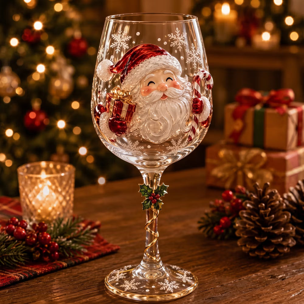 Christmas 3D Wine Glass Collection Gift Box Set, Handcrafted Festive Holiday Stemmed Wine Cup, Unique Christmas Decor Keepsake Gift