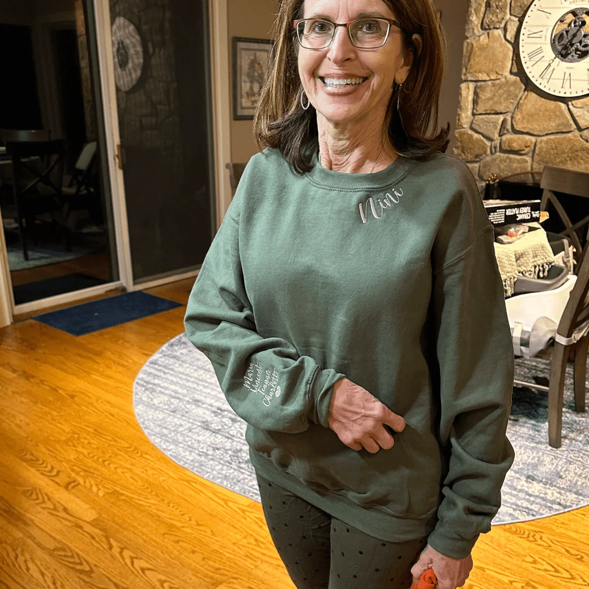 Custom Mawmaw Sweatshirt or Hoodie with Embroidered GrandKids Names on Sleeve