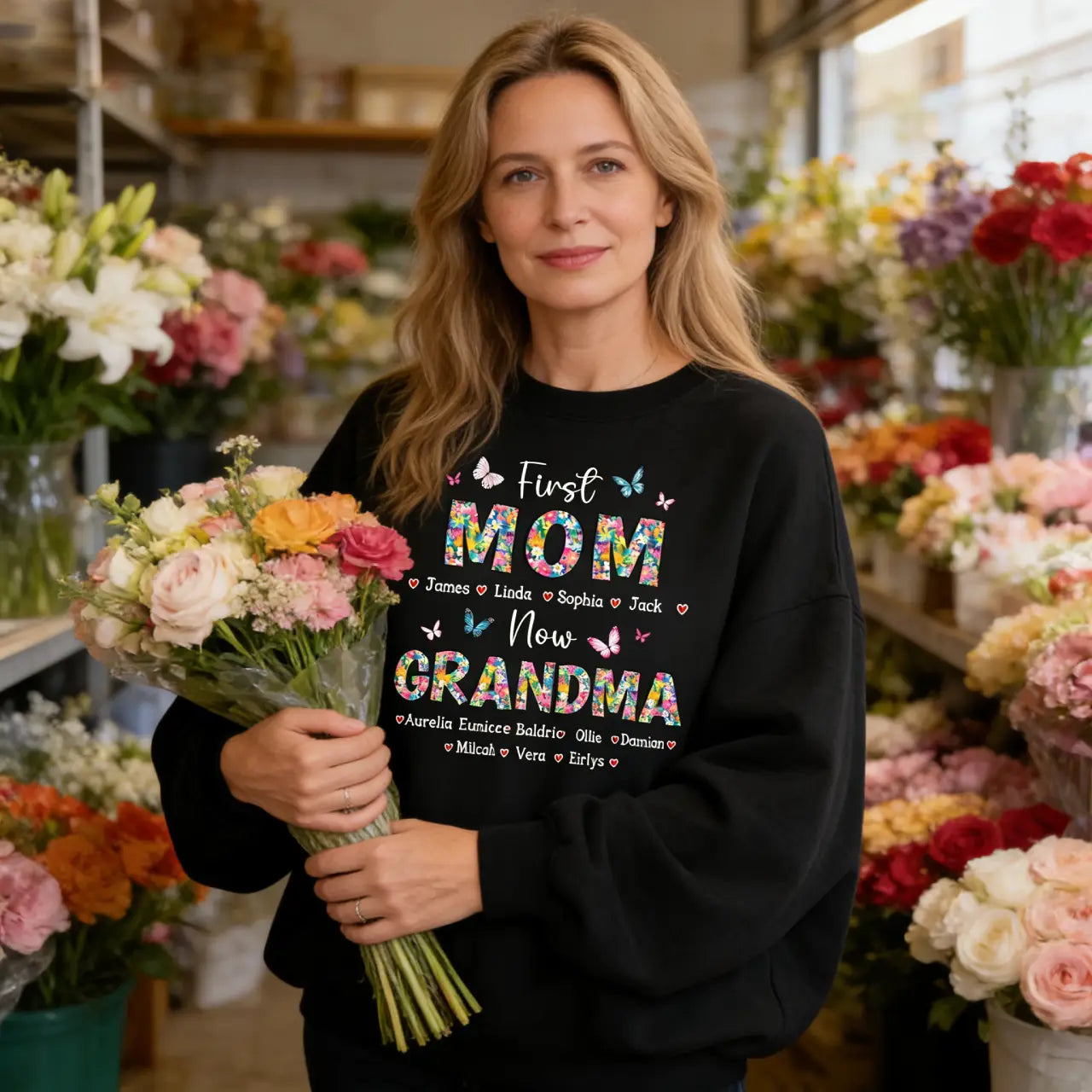 First Mom Now Grandma Floral - Personalized Sweatshirt Gift For Mom - Gift For Mom - Gift For Grandma