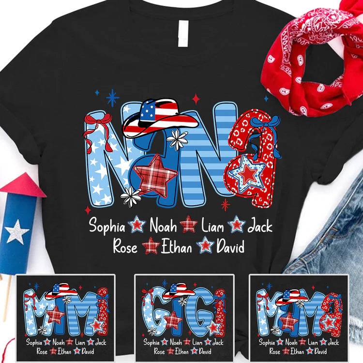 Custom Patriotic Nana 4th of July T-Shirt – USA Cowboy Hat Star Print Custom Grandkids Names Independence Day Grandma Tee