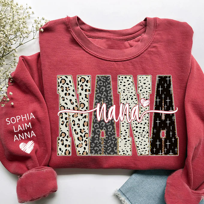 Custom Leopard & Patterned Nana Sweatshirt - Personalized with Grandkids Names on Sleeve