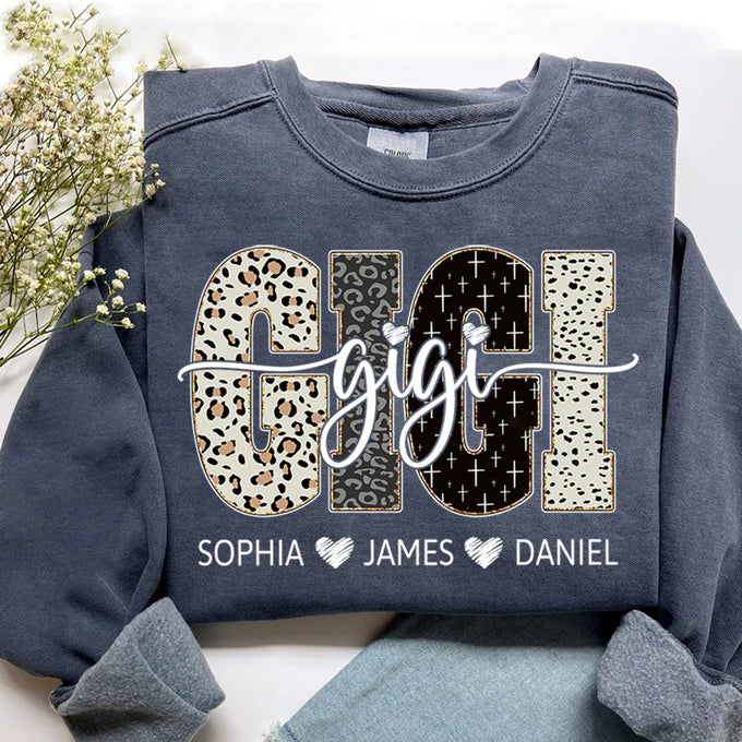 Custom Leopard & Patterned GIGI Sweatshirt - Personalized with Grandkids Names on Front