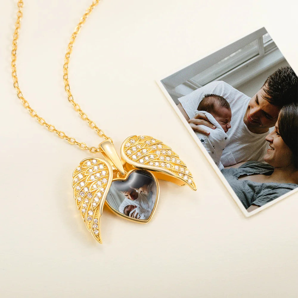 Personalized Angel Wing Photo Locket Necklace – Guardian Angel Memorial Pendant, Sterling Silver Custom Keepsake