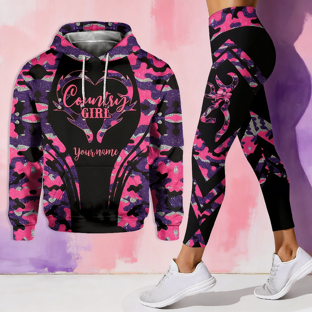 Custom "Country Girl" Outfit with Pink & Purple Camo Design - Personalized Hoodie & Leggings Set