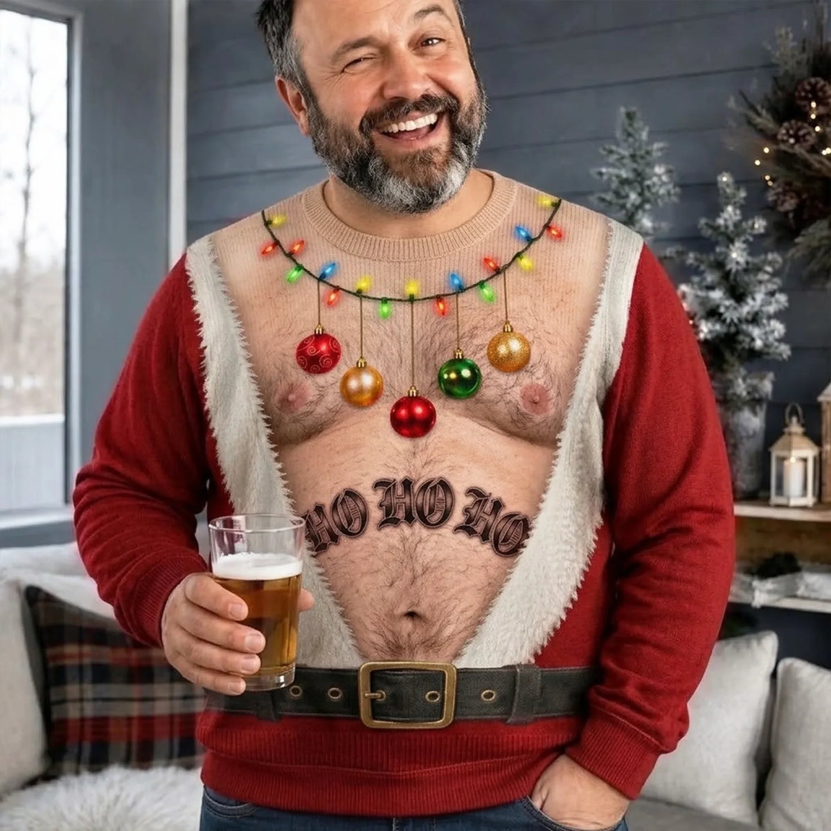 Custom Funny Ugly Christmas Sweatshirt, Personalized 3D Illusion Santa Body Crewneck, Novelty "Santa Approved Trouble Maker" Holiday Gag Gift for Husband, Dad, Son, Grandpa, Brother, Yourself