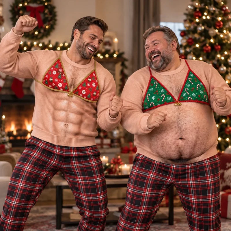 Hilarious Christmas Bikini Hairy Body Optical Illusion Ugly Christmas Sweater, Funny Novelty Men’s Crewneck Sweatshirt For Ugly Sweater Party