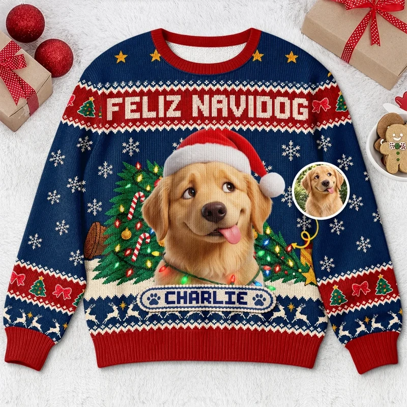 Custom Photo Feliz Navidog Ugly Christmas Sweater, Personalized Dog Portrait Christmas Crewneck Sweatshirt For Dog Mom Dog Dad Pet Lovers