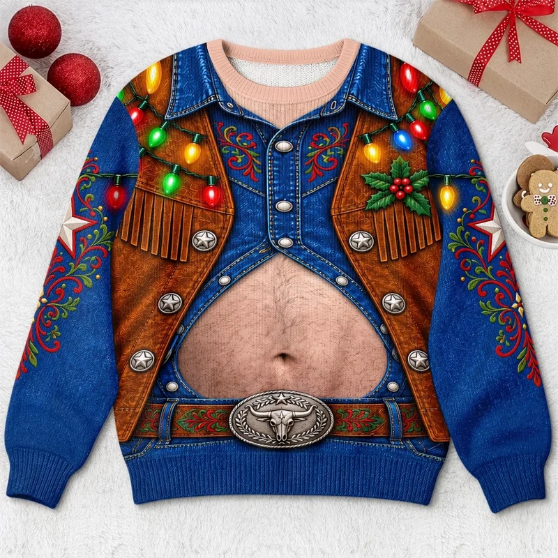 Hilarious Western Cowboy Denim Vest Hairy Belly Optical Illusion Ugly Christmas Sweater, Cowboy Christmas Lights Novelty Crewneck Sweatshirt For Holiday Party