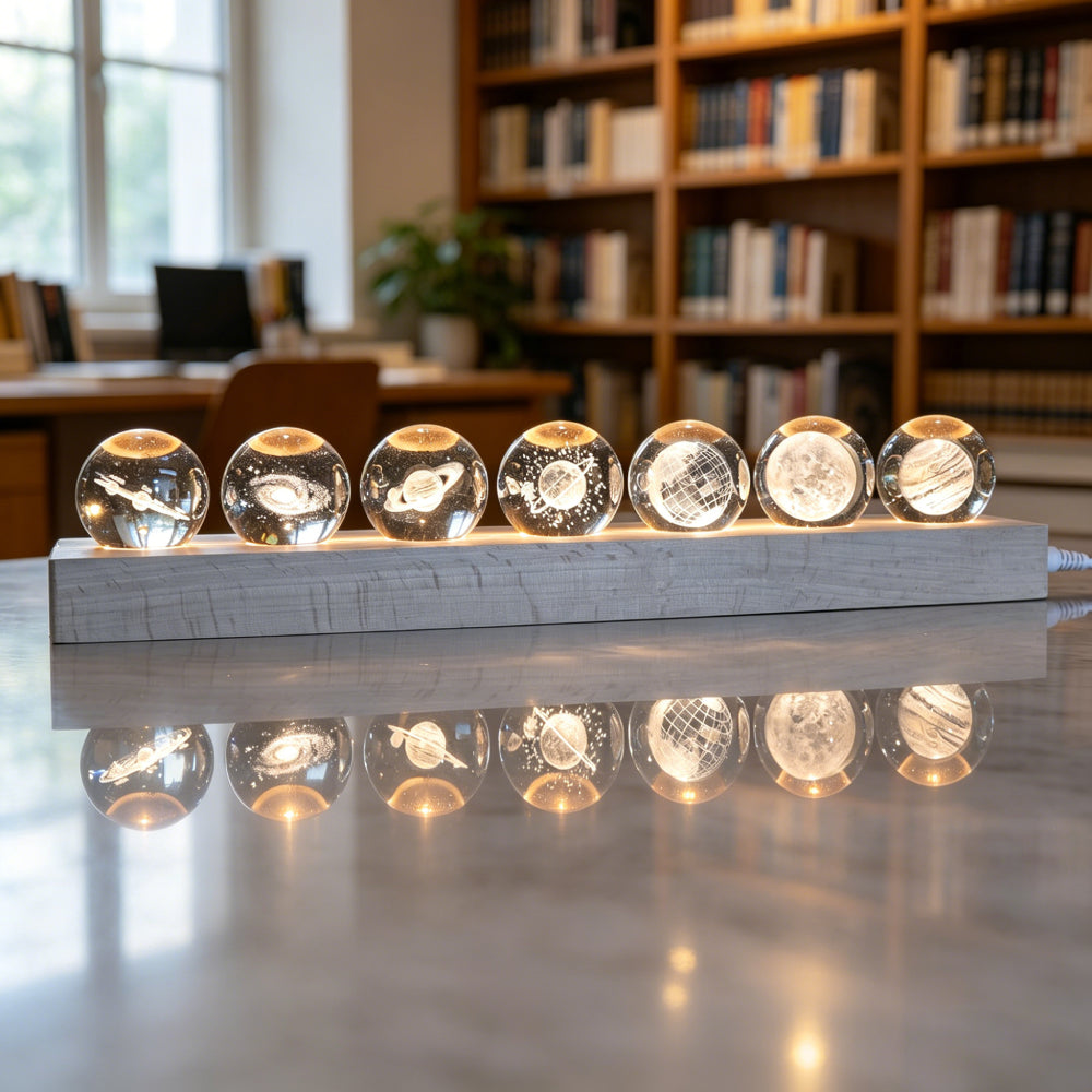 7 In 1 3D Engraved Galaxy Crystal Sphere Night Light with Grey LED Wooden Base