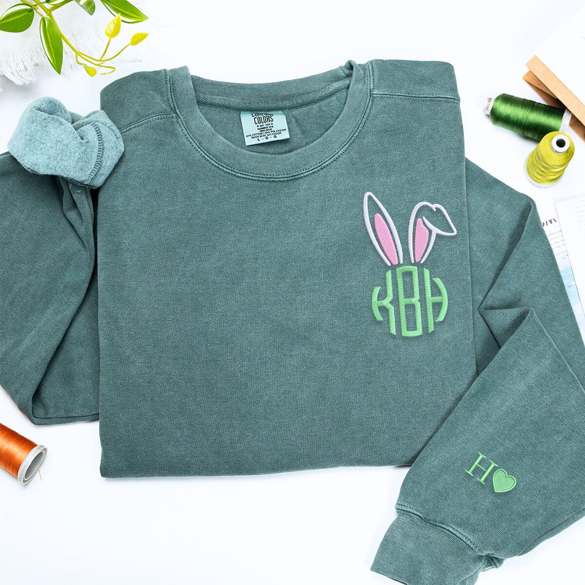 Monogrammed Bunny Ears T-Shirt or Sweatshirt, Custom Embroidered Easter Gift