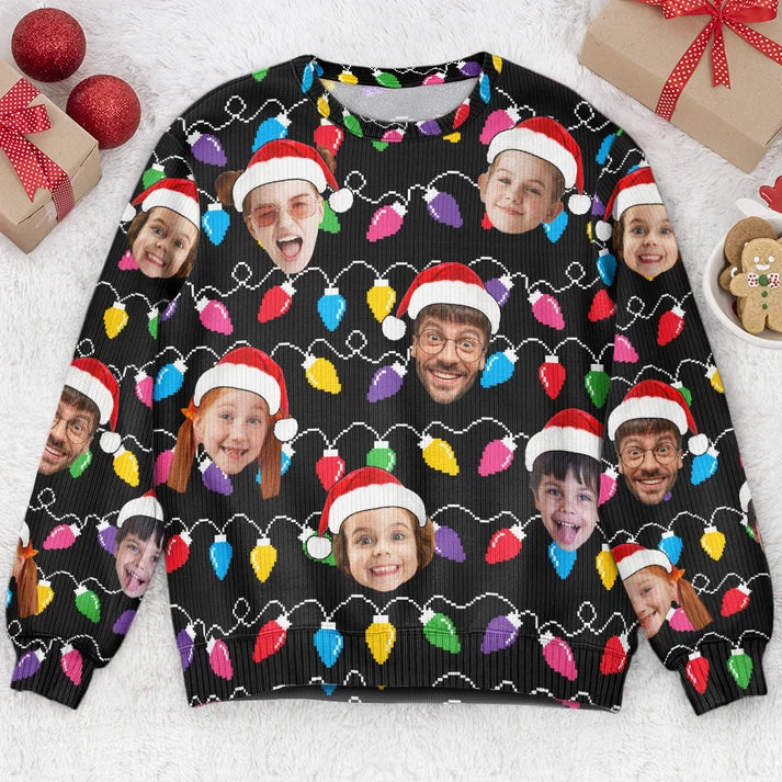 Custom Face Ugly Christmas Sweater, Christmas Lights Pattern Personalized Photo Xmas Pullover Unisex