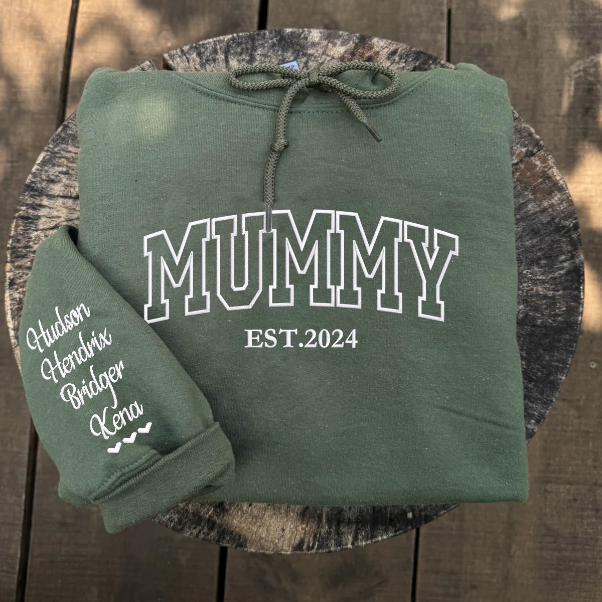 Custom Mummy Hoodie or Sweatshirt with Embroidered Kids Names on Sleeve