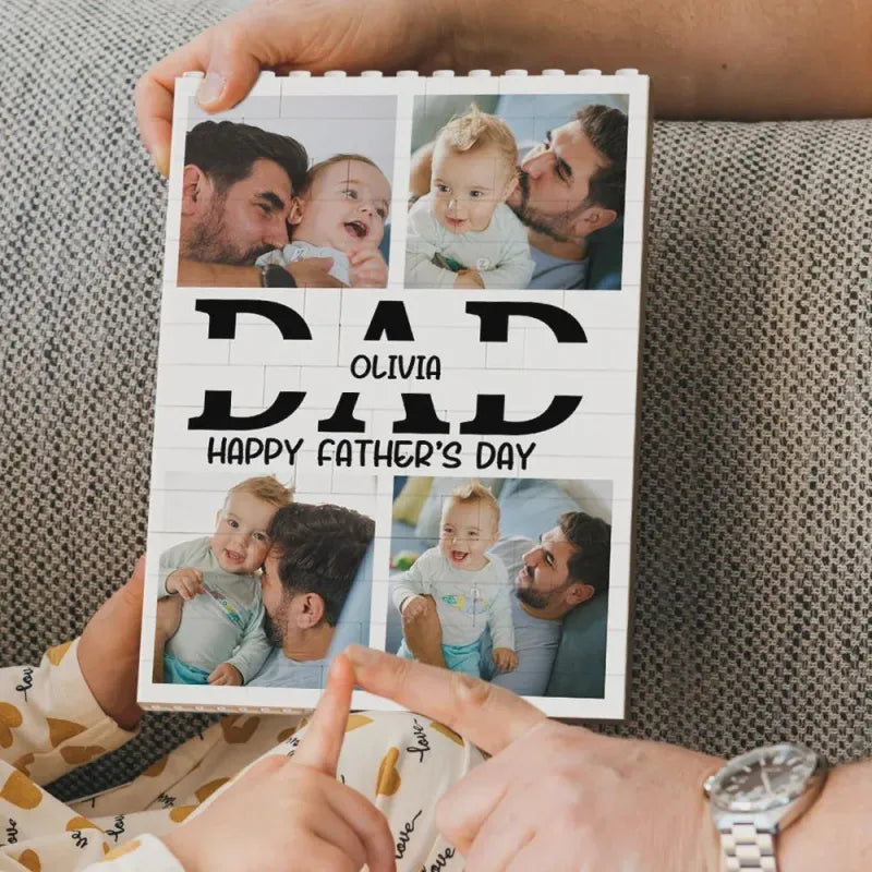 Custom Photo Brick Puzzle Frame for Dad – Personalized 4-Photo Building Block Keepsake, Father’s Day Gift