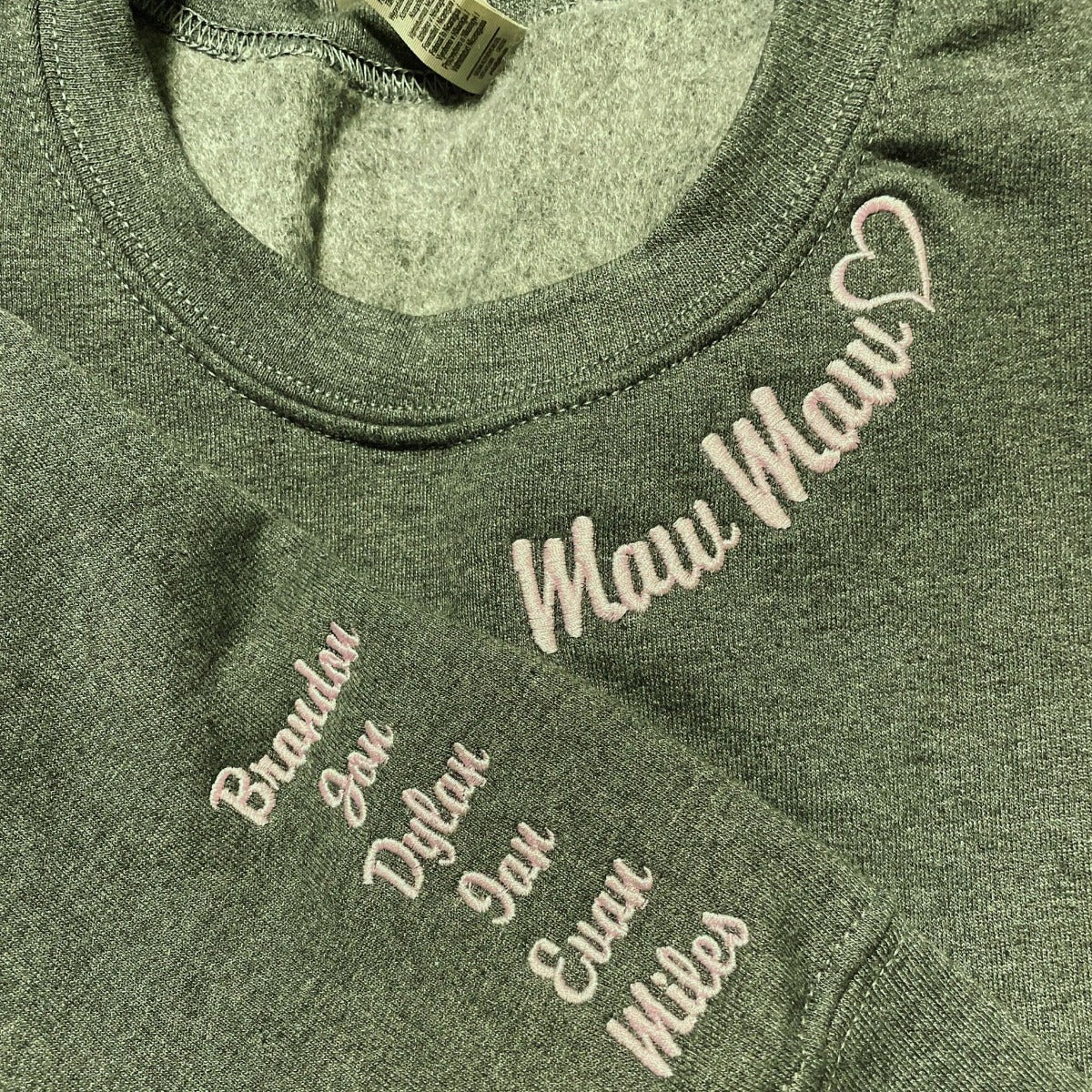 Custom Mawmaw Sweatshirt or Hoodie with Embroidered GrandKids Names on Sleeve