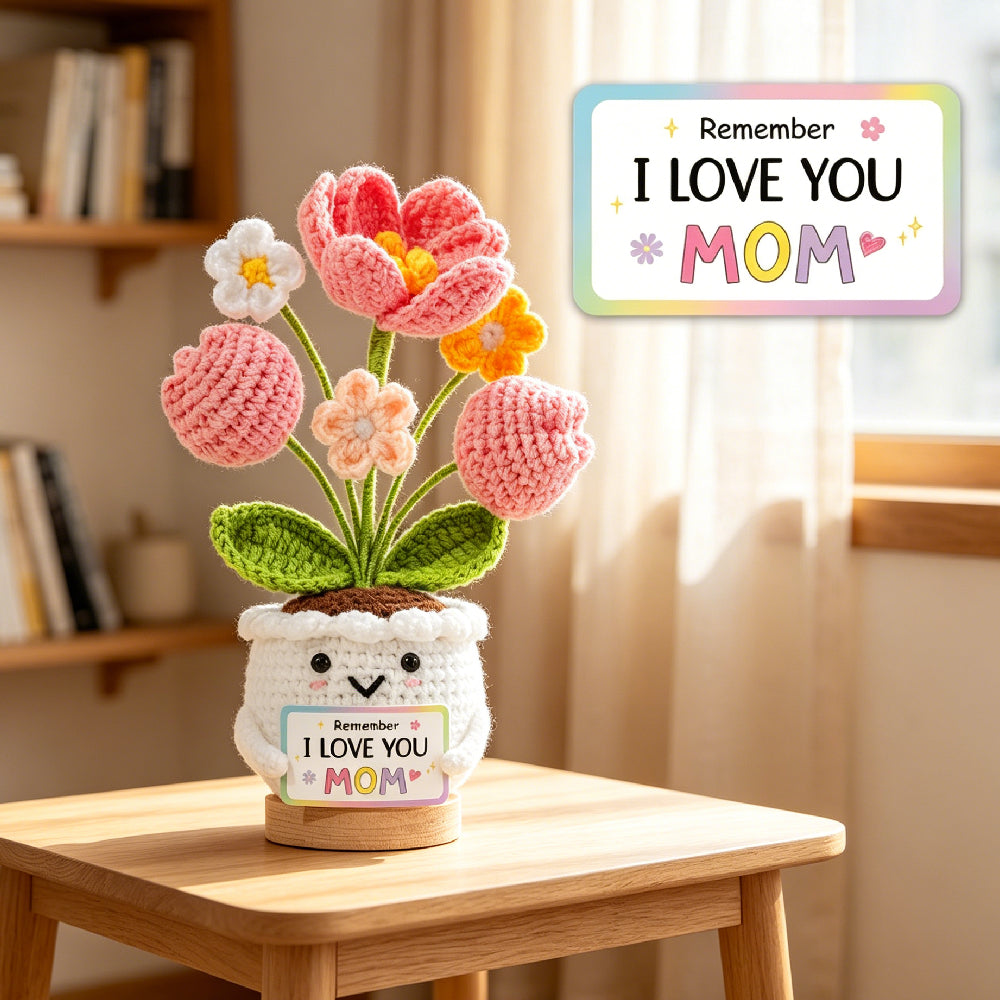 Handmade Brown Crochet Tulip Potted Plant with Little Reminders Positive Quote Card, Mental Health Encouragement Knitted Flower Desk Decor, Comfort Gift for Friends Coworkers
