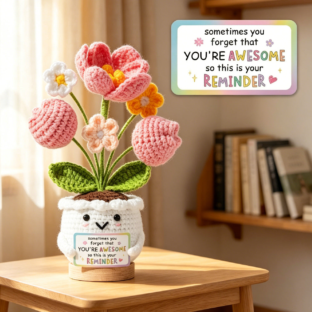 Handmade Crochet Tulip Potted Plant with You're Awesome Encouragement Reminder Card, Positive Self-Care Knitted Flower Desk Ornament, Cheer Up Gift for Friends Coworkers