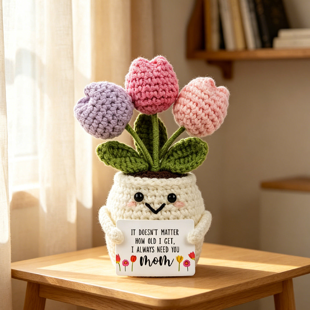 Handmade Crochet Tulip Potted Plant with Mom Love Quote Card, Colorful Knitted Flower Desk Ornament, Sentimental Mother’s Day Gift for Mom