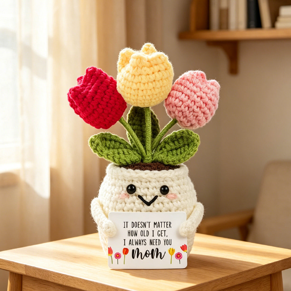 Handmade Crochet Red & Pink Tulip Potted Plant with Mom Sentimental Quote Card, Knitted Everlasting Flower Desk Decor, Thoughtful Mother’s Day Gift for Mother