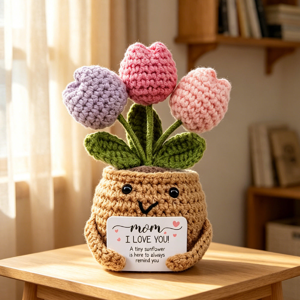 Handmade Crochet Emotional Support Plant Yellow White Plumeria Potted Decor, Positive Affirmation Knitted Flower Desk Ornament, Cheer Up Encouragement Gift for Friends Coworkers