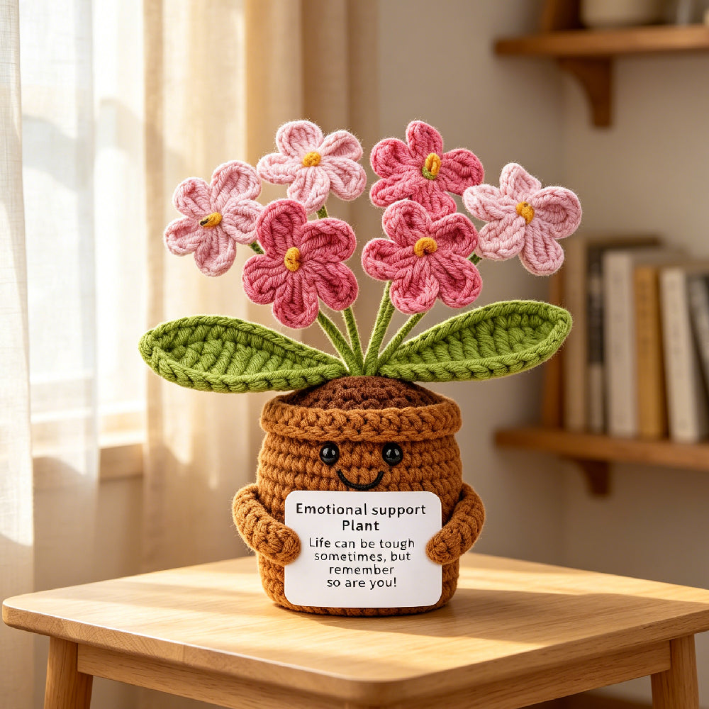 Handmade Crochet Dual Pink Flower Emotional Support Plant Potted Decor, Positive Affirmation Knitted Flower Desk Ornament, Comfort Encouragement Gift for Friends Coworkers