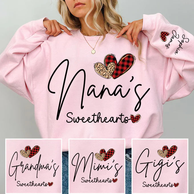 Custom Plaid & Leopard Hearts Nana's Sweethearts Sweatshirt - Personalized with Grandkids Names on Sleeve