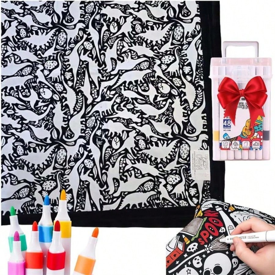 DIY Drawing Blanket with 24 Colors Markers – Color Your Own Washable Art Blanket, Creative Keepsake Gift for Kids & Adults