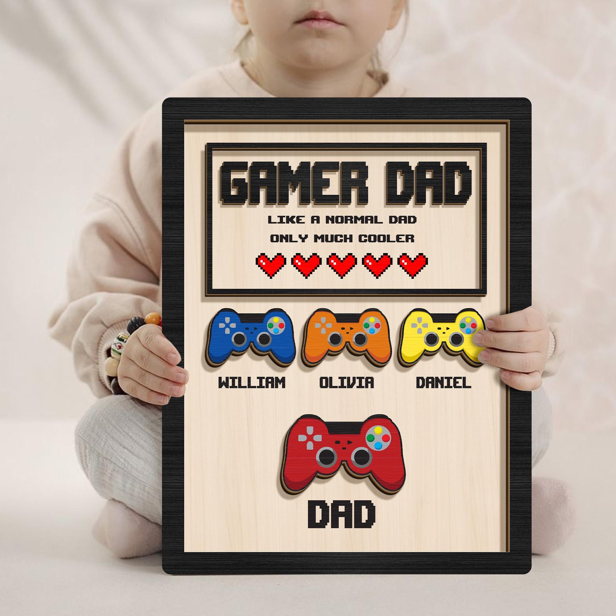 Personalized Dad Wooden Plaque – Custom Kids’ Names Gamer Sign, Gaming Hand Controller Wood Decor, Father‘s Day Gift for Dad Grandpa