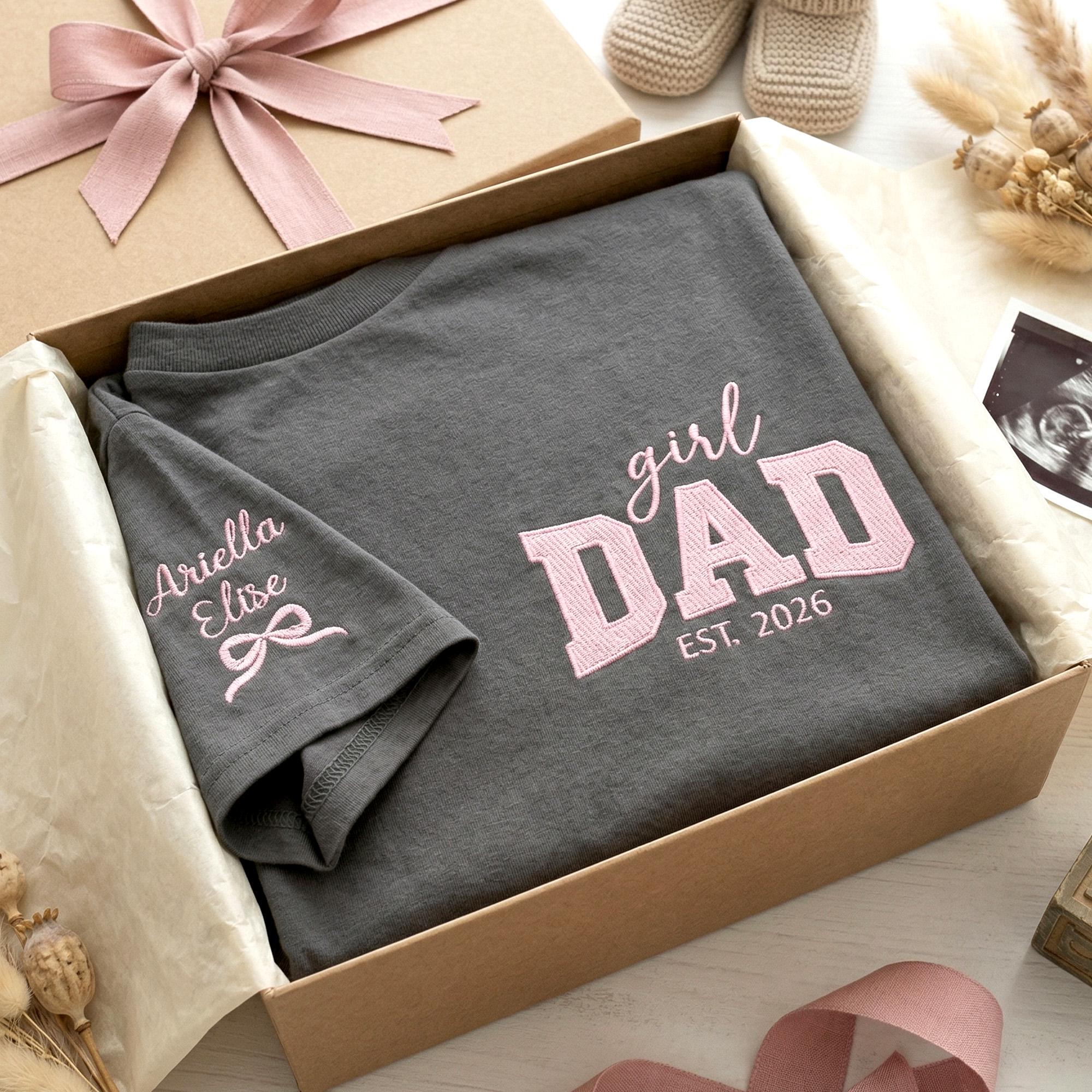 Custom Embroidered Girl Dad T-Shirt - Personalized Kids Names on Sleeve, EST Year Father's Day Gift