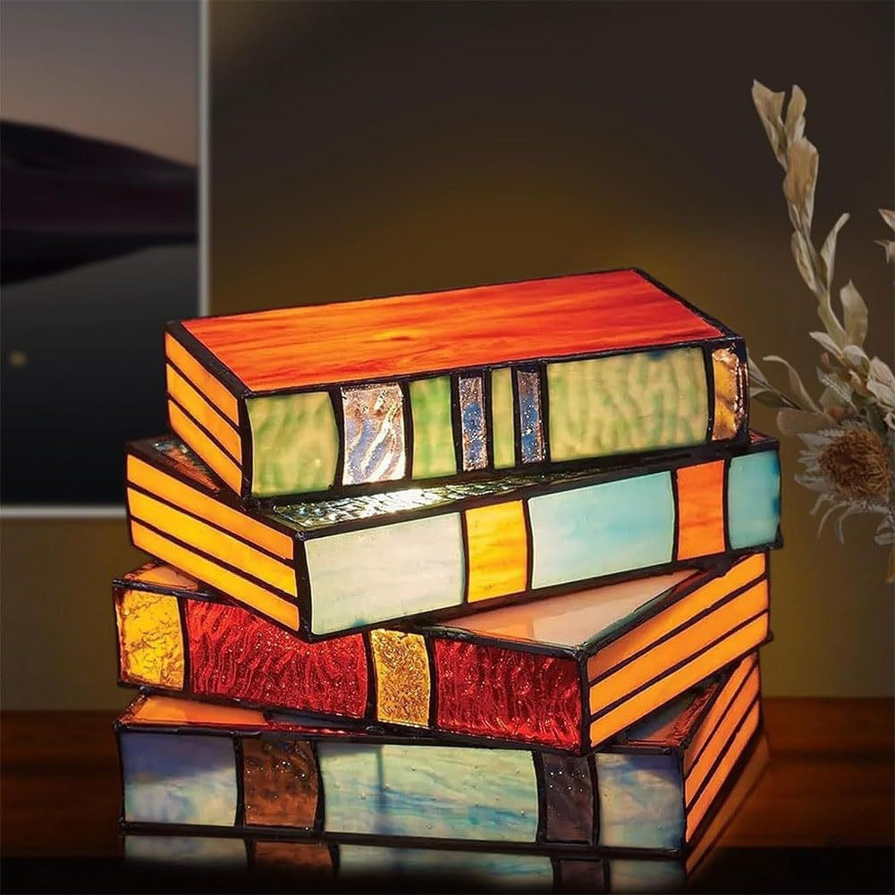 Stained Glass Stacked Books Table Lamp, Tiffany Style Colorful Book Shaped Night Light, Vintage Decor Lamp for Bedroom Library Book Lover Gift