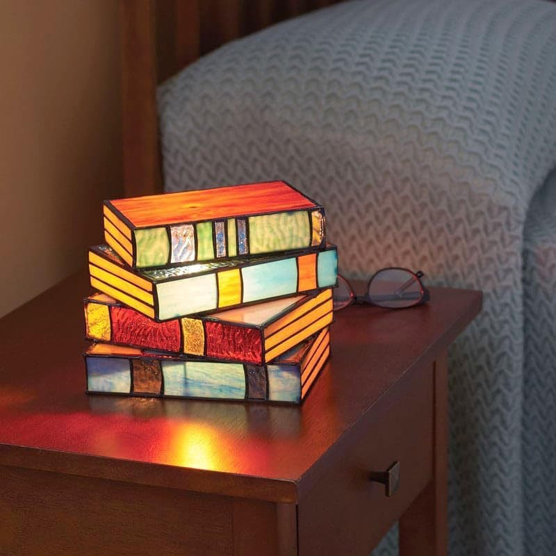 Stained Glass Stacked Books Table Lamp, Tiffany Style Colorful Book Shaped Night Light, Vintage Decor Lamp for Bedroom Library Book Lover Gift