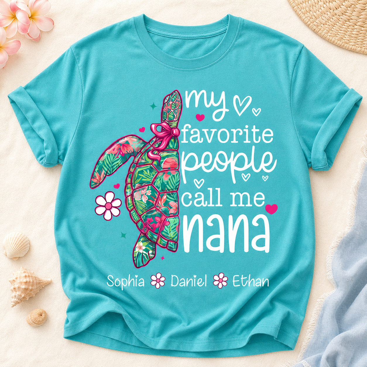 Personalized Nana Sea Turtle Shirt with Grandkids’ Names – “My Favorite People Call Me Nana” Coastal Grandma Gift