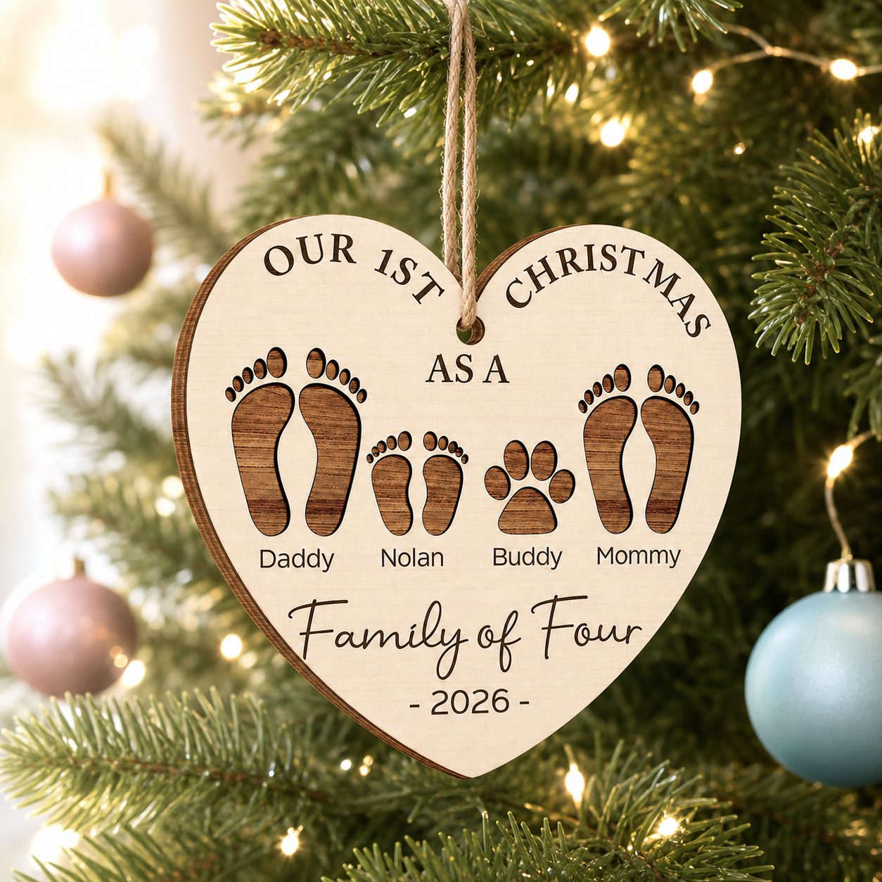 Personalized First Christmas as a Family of Four Wooden Ornament – Custom Footprints & Paw Print Christmas Tree Gift