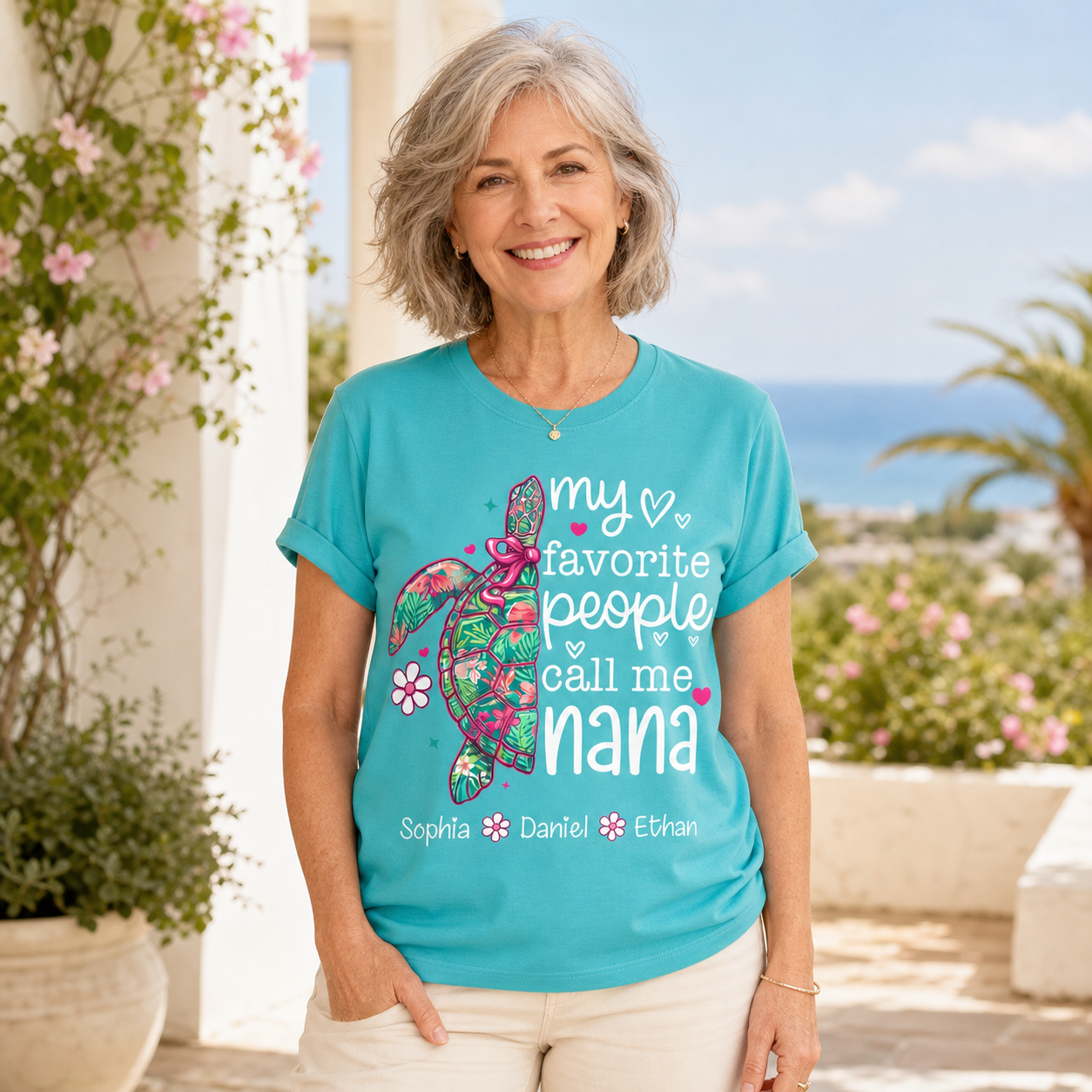 Personalized Nana Sea Turtle Shirt with Grandkids’ Names – “My Favorite People Call Me Nana” Coastal Grandma Gift