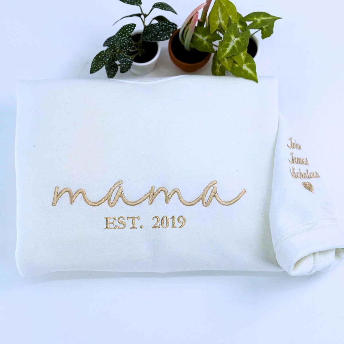 Custom Mama EST Sweatshirt with Names on Sleeve, Embroidered Mother's Day Gifts