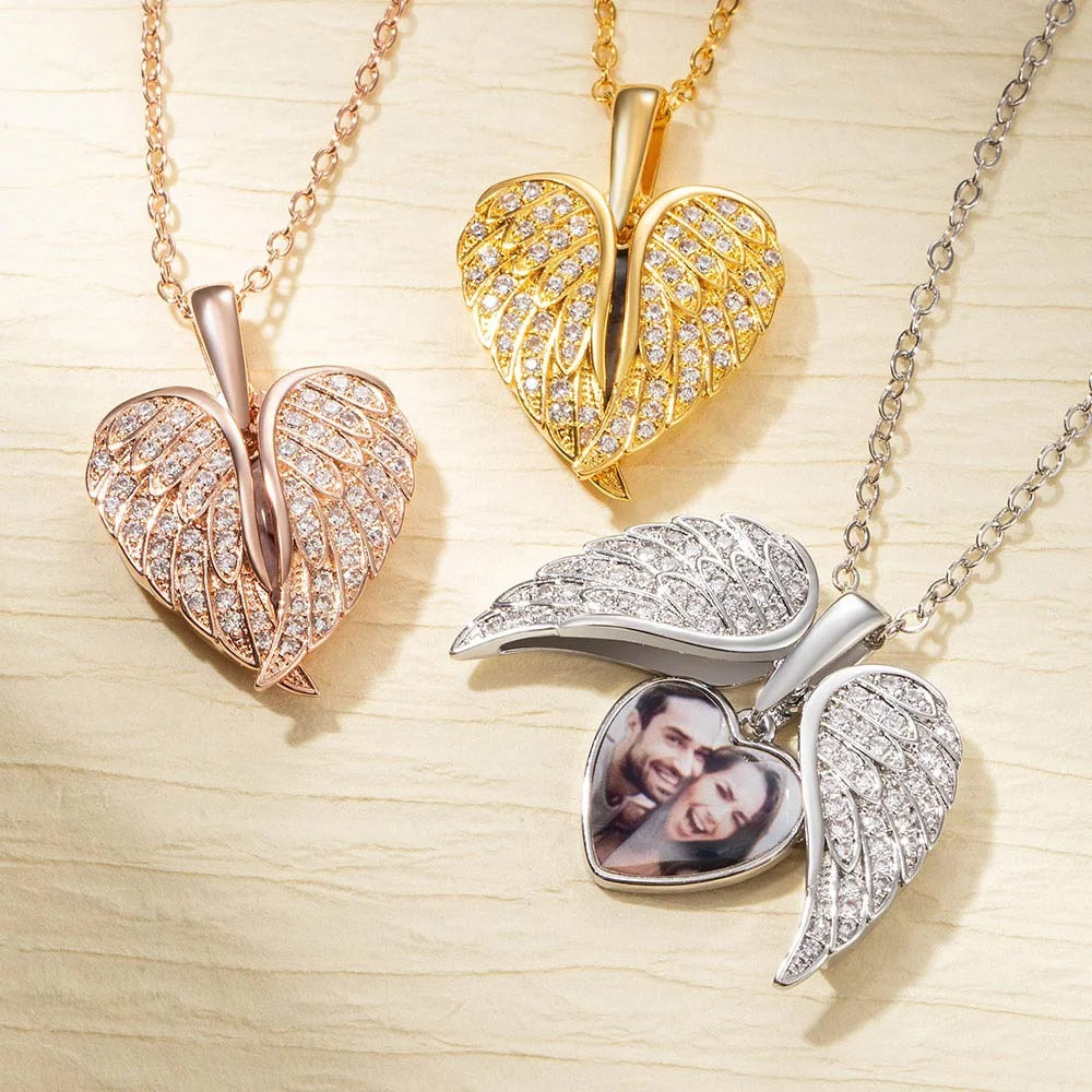 Personalized Angel Wing Photo Locket Necklace – Guardian Angel Memorial Pendant, Sterling Silver Custom Keepsake