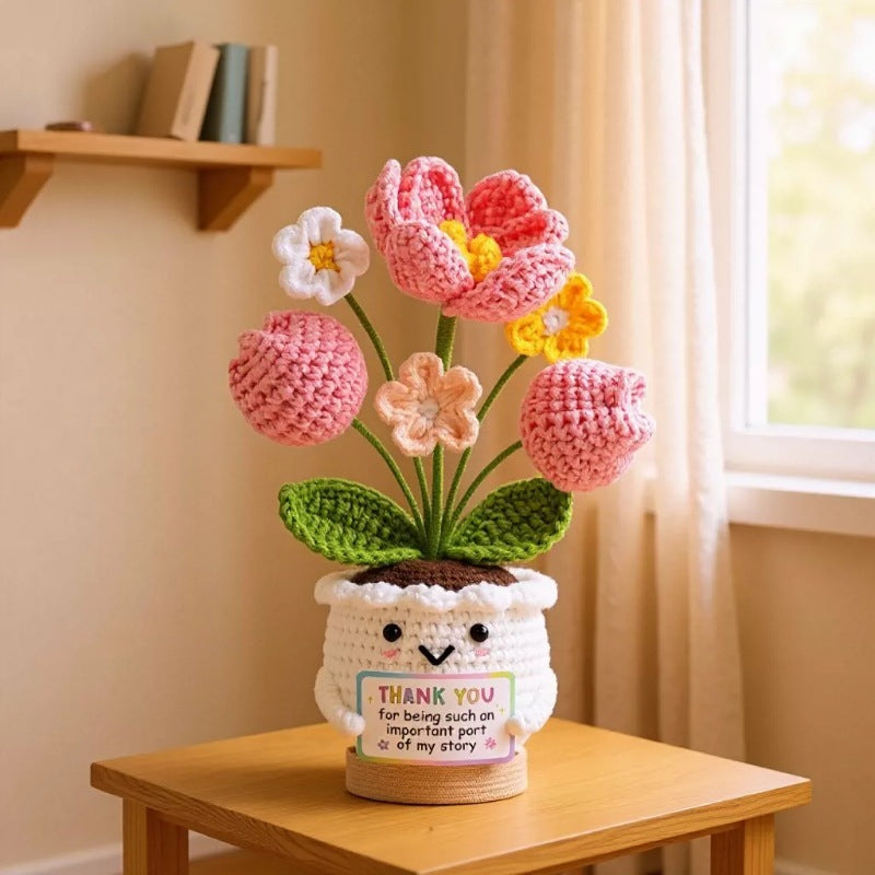Handmade Crochet Tulip Flower Pot with Thank You Tag, Cute Knitted Potted Flower Desk Decor