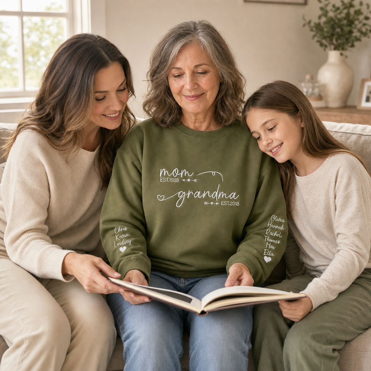 Personalized Mom & Grandma Embroidered Sweatshirt with Kids’ Names on Sleeves – Custom Est Year Mother’s Day Gift