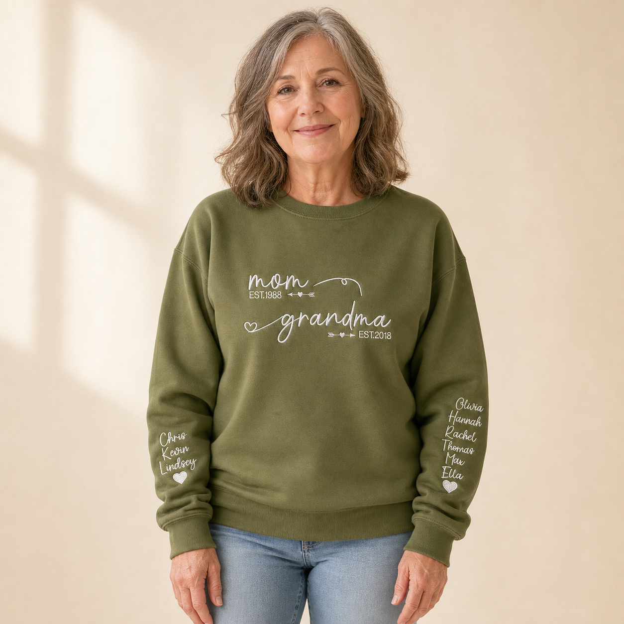 Personalized Mom & Grandma Embroidered Sweatshirt with Kids’ Names on Sleeves – Custom Est Year Mother’s Day Gift
