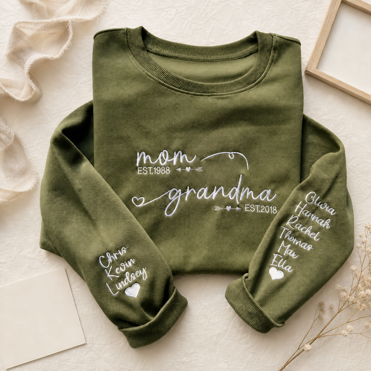 Personalized Mom & Grandma Embroidered Sweatshirt with Kids’ Names on Sleeves – Custom Est Year Mother’s Day Gift