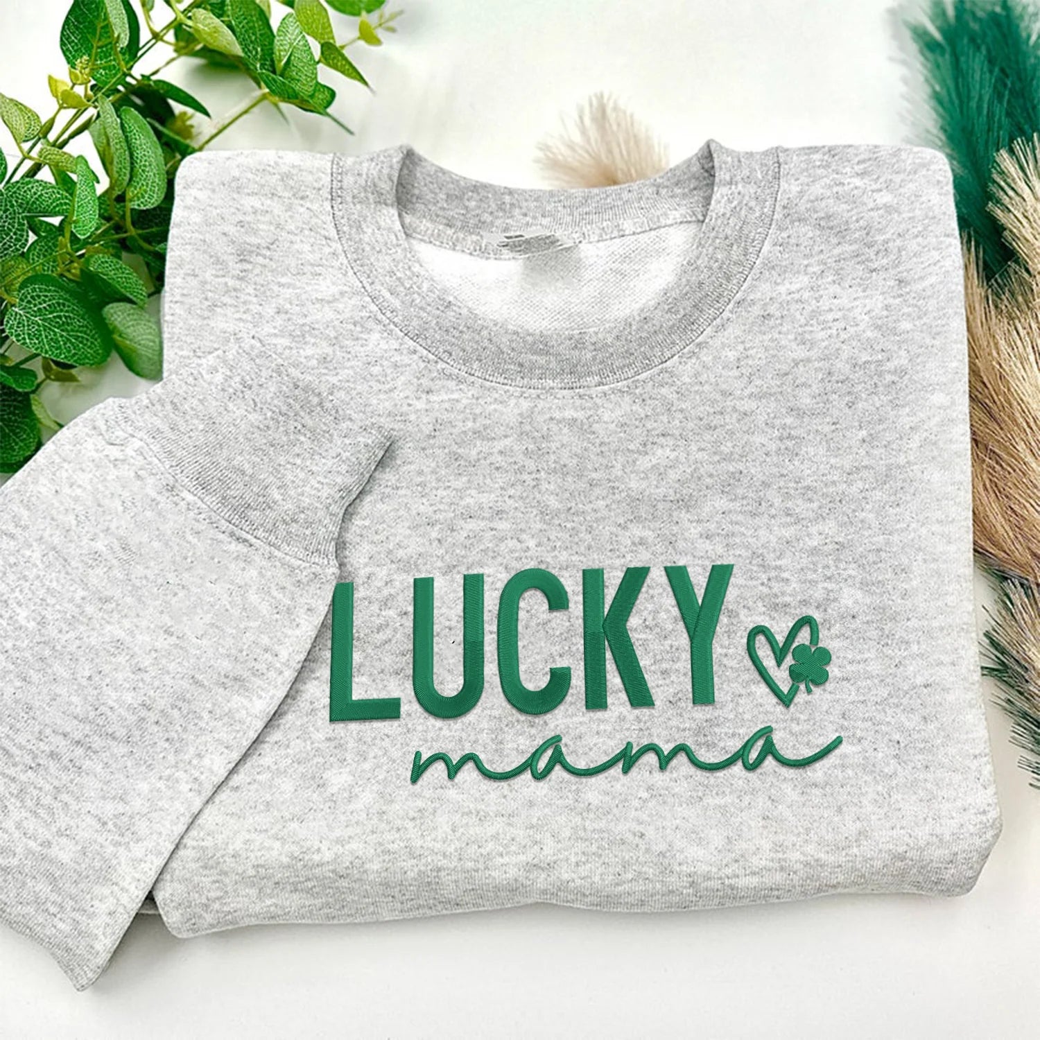 Custom Embroidered Lucky Mama Sweatshirt or Hoodie with Text on Sleeve