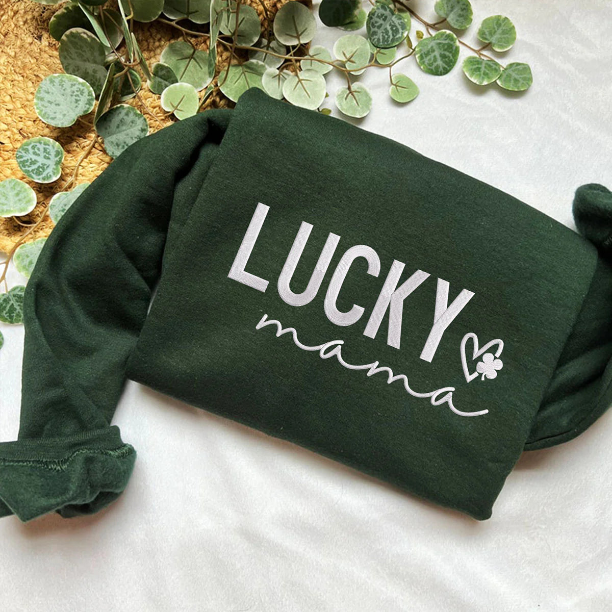 Custom Embroidered Lucky Mama Sweatshirt or Hoodie with Text on Sleeve